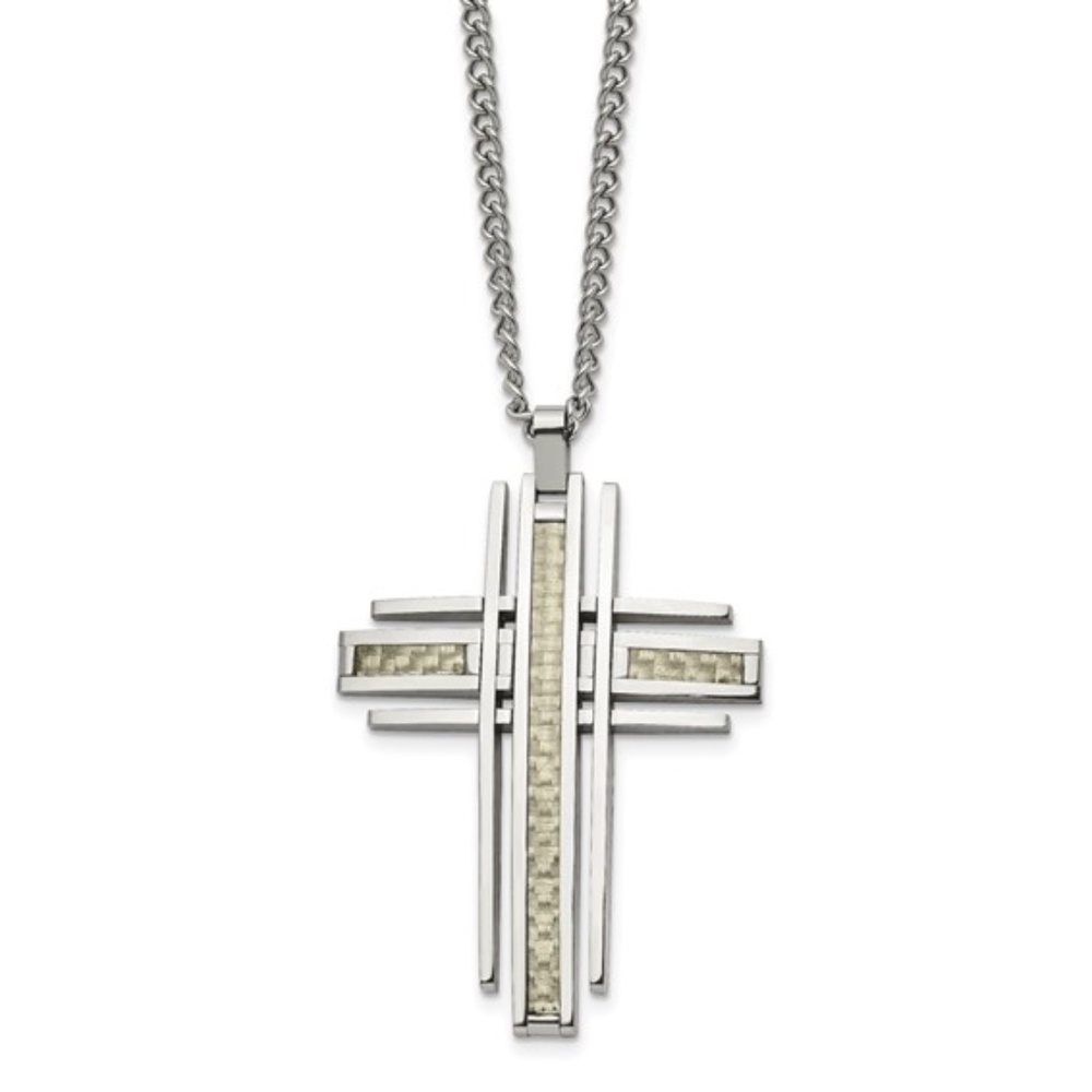 Chisel Stainless Steel Grey Carbon Fiber Cross 24″ Necklace